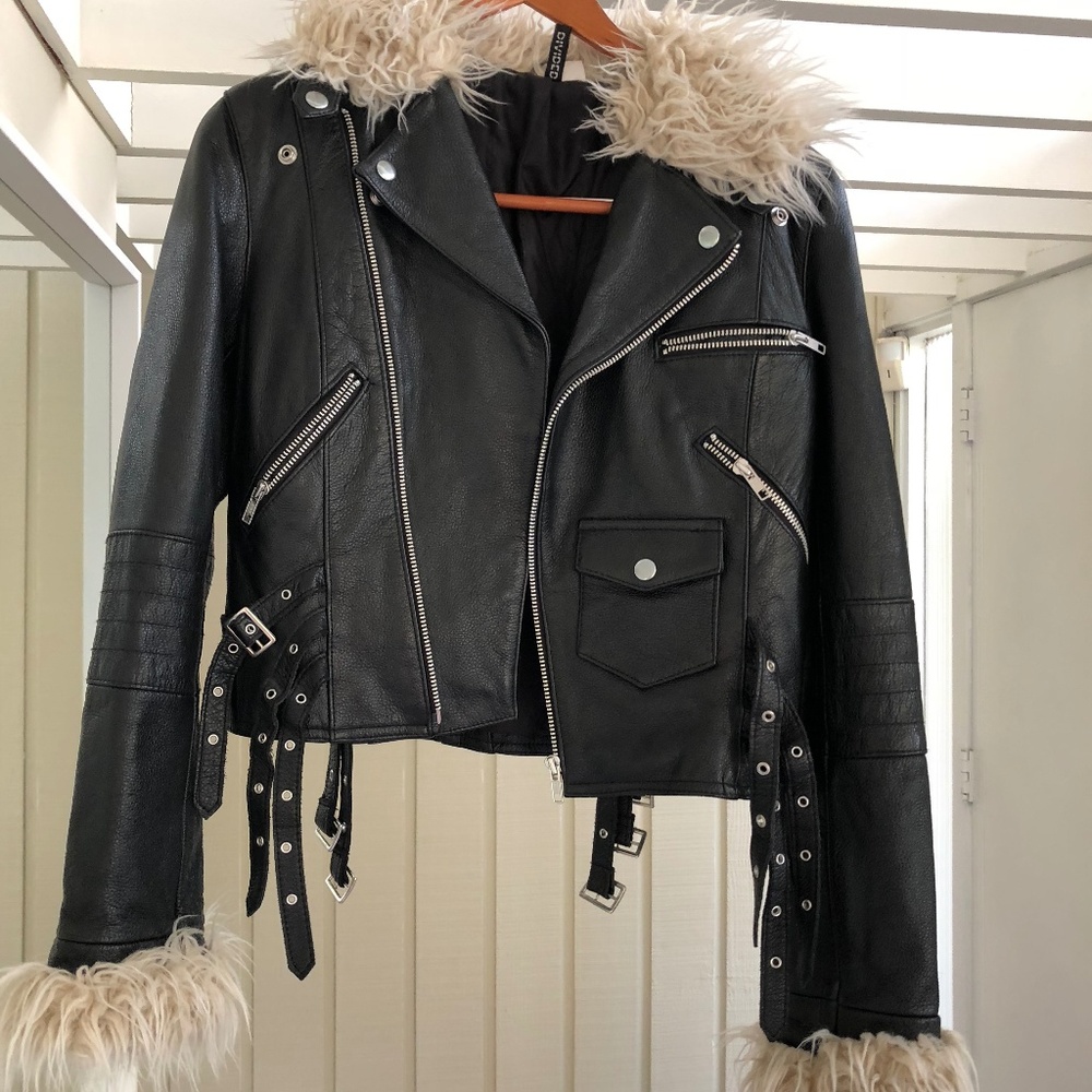 H&M leather moto jacket with faux white trim